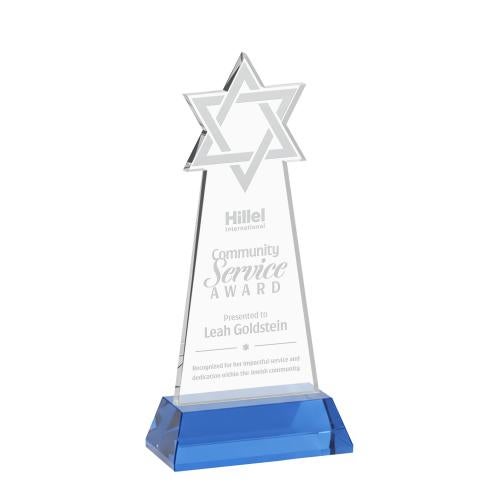 Awards and Plaques - Crystal Trophies - Star of David on Hartford Base Sky Blue Unique Crystal Trophy