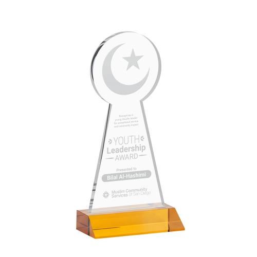 Awards and Plaques - Crystal Trophies - Crescent & Star Amber Unique Crystal Trophy