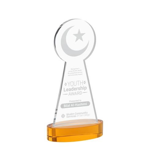 Awards and Plaques - Crystal Trophies - Crescent & Star on Alberton Base Amber Unique Crystal Trophy