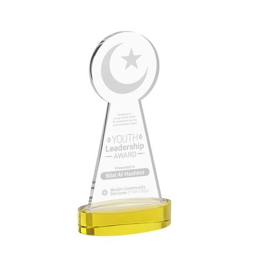 Awards and Plaques - Crystal Trophies - Crescent & Star on Alberton Base Gold Unique Crystal Trophy