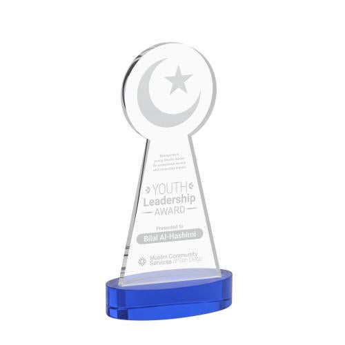 Awards and Plaques - Crystal Trophies - Crescent & Star on Alberton Base Blue Unique Crystal Trophy