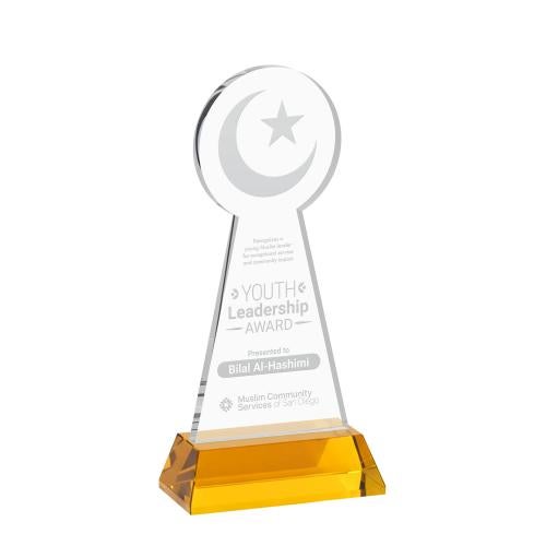 Awards and Plaques - Crystal Trophies - Crescent & Star on Hartford Base Amber Unique Crystal Trophy
