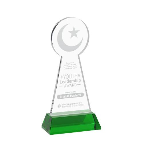 Awards and Plaques - Crystal Trophies - Crescent & Star on Hartford Base Green Unique Crystal Trophy