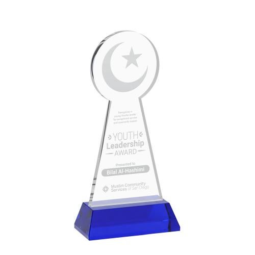 Awards and Plaques - Crystal Trophies - Crescent & Star on Hartford Base Blue Unique Crystal Trophy