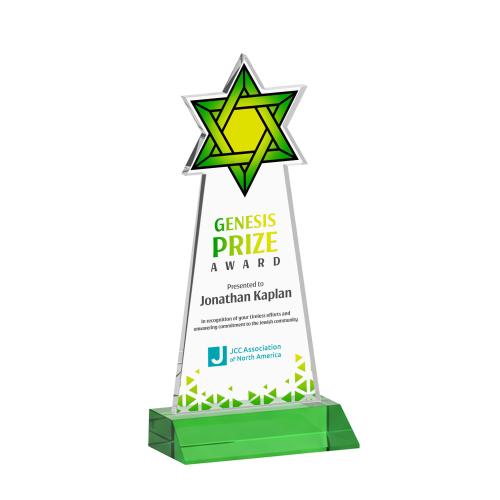 Awards and Plaques - Crystal Trophies - Star of David Full Color Green Unique Crystal Trophy