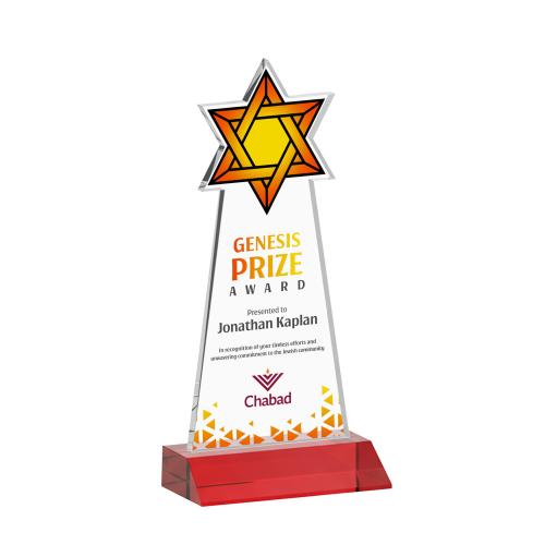 Awards and Plaques - Crystal Trophies - Star of David Full Color Red Unique Crystal Trophy
