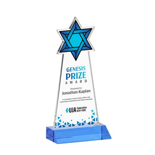 Awards and Plaques - Crystal Trophies - Star of David Full Color Sky Blue Unique Crystal Trophy
