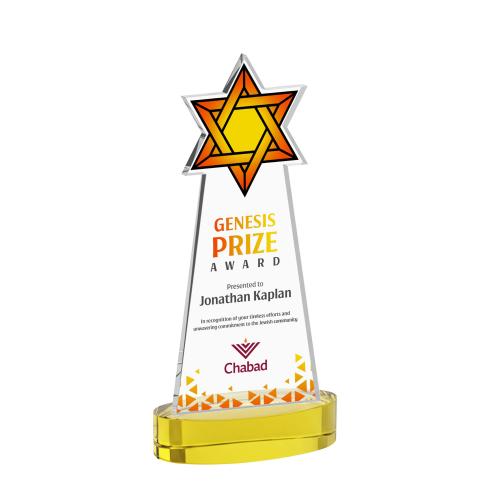 Awards and Plaques - Crystal Trophies - Star of David Full Color on Alberton Base Gold Unique Crystal Trophy