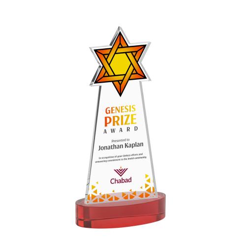 Awards and Plaques - Crystal Trophies - Star of David Full Color on Alberton Base Red Unique Crystal Trophy