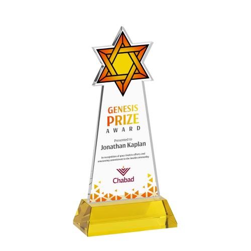 Awards and Plaques - Crystal Trophies - Star of David Full Color on Hartford Base Gold Unique Crystal Trophy