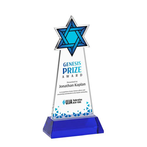 Awards and Plaques - Crystal Trophies - Star of David Full Color on Hartford Base Blue Unique Crystal Trophy