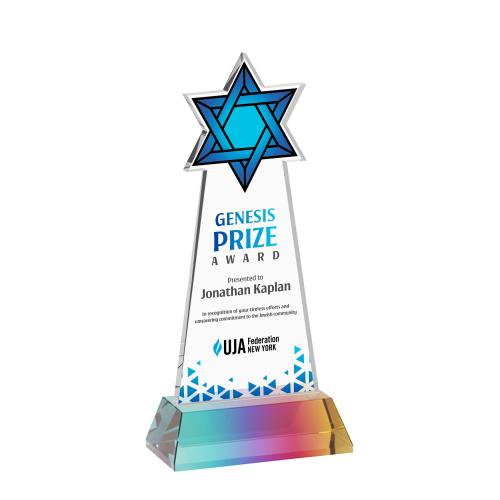 Awards and Plaques - Crystal Trophies - Star of David Full Color on Hartford Base Prismatic Unique Crystal Trophy
