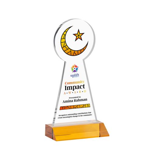 Awards and Plaques - Crystal Trophies - Crescent & Star Full Color Amber Unique Crystal Trophy