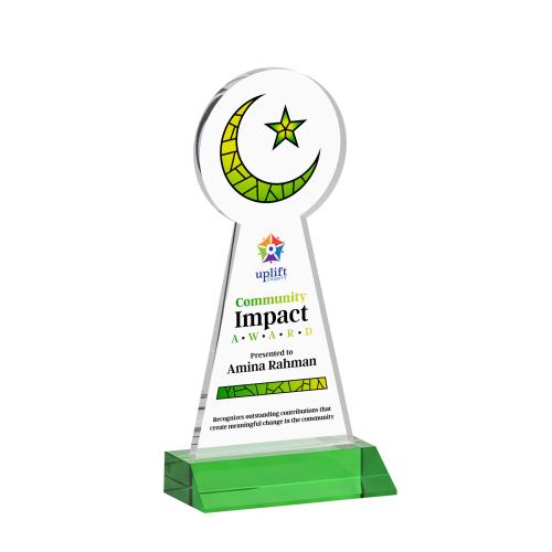 Awards and Plaques - Crystal Trophies - Crescent & Star Full Color Green Unique Crystal Trophy