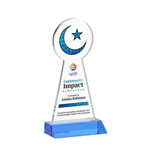 Awards and Plaques - Crystal Trophies - Crescent & Star Full Color Sky Blue Unique Crystal Trophy