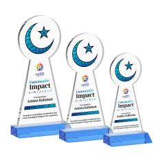 Crescent & Star Full Color Sky Blue Unique Crystal Trophy - Custom Trophies