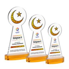 Crescent & Star Full Color on Alberton Base Amber Unique Crystal Trophy - Custom Trophies