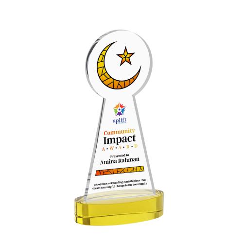Awards and Plaques - Crystal Trophies - Crescent & Star Full Color on Alberton Base Gold Unique Crystal Trophy