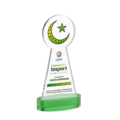 Awards and Plaques - Crystal Trophies - Crescent & Star Full Color on Alberton Base Green Unique Crystal Trophy