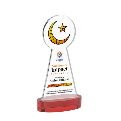 Awards and Plaques - Crystal Trophies - Crescent & Star Full Color on Alberton Base Red Unique Crystal Trophy