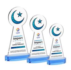 Crescent & Star Full Color on Alberton Base Sky Blue Unique Crystal Trophy - Custom Trophies