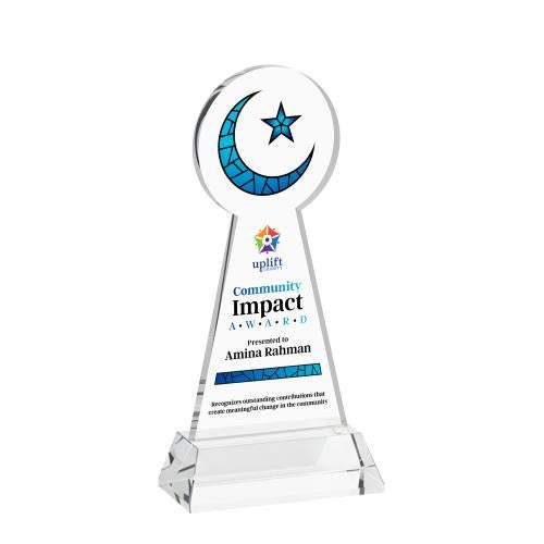 Awards and Plaques - Crystal Trophies - Crescent & Star Full Color on Hartford Base Clear Unique Crystal Trophy
