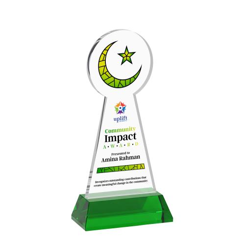 Awards and Plaques - Crystal Trophies - Crescent & Star Full Color on Hartford Base Green Unique Crystal Trophy