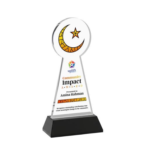 Awards and Plaques - Crystal Trophies - Crescent & Star Full Color on Hartford Base Black Unique Crystal Trophy