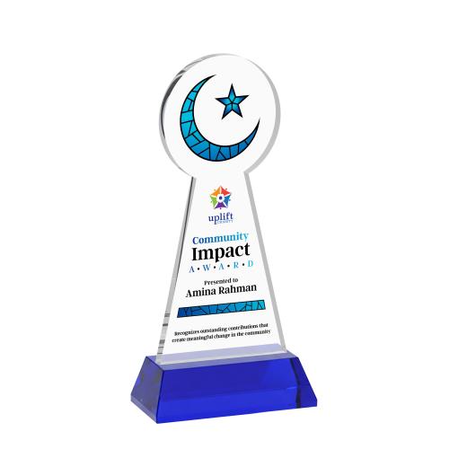 Awards and Plaques - Crystal Trophies - Crescent & Star Full Color on Hartford Base Blue Unique Crystal Trophy