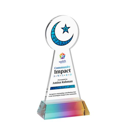 Awards and Plaques - Crystal Trophies - Crescent & Star Full Color Unique on Hartford Base-Prismatic Crystal Trophy