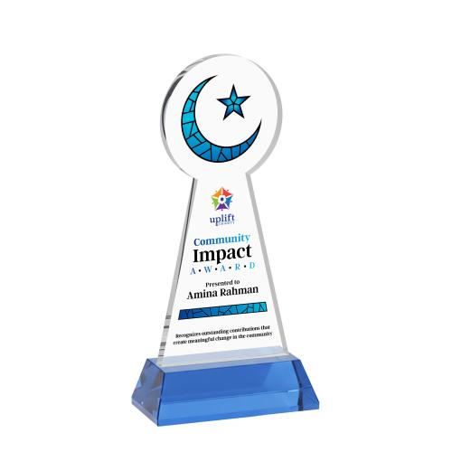 Awards and Plaques - Crystal Trophies - Crescent & Star Full Color Unique on Hartford Base-Sky Blue Crystal Trophy