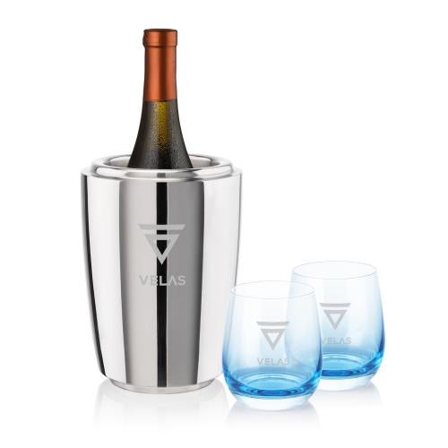 Custom Barware Glasses - Wine Glasses - Pescara Wine Cooler & Soudan Blue Stemless Wine