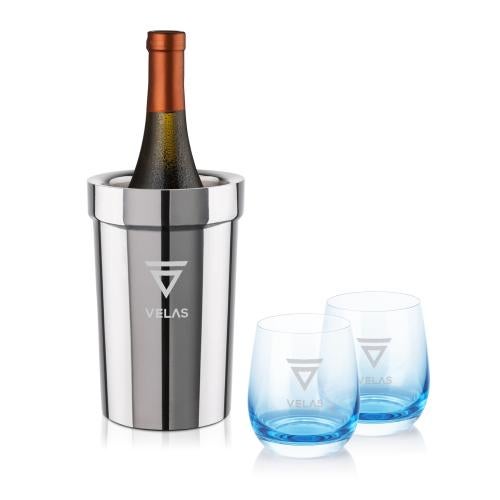 Custom Barware Glasses - Wine Glasses - Milano Wine Cooler & Soudan Blue Stemless Wine
