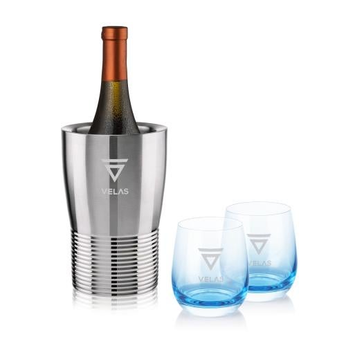 Custom Barware Glasses - Wine Glasses - Genoa Wine Cooler & Soudan Blue Stemless Wine