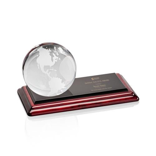 Awards and Plaques - Crystal Trophies - Crystal Paperweights - Globe Globe on Rosewood Base Crystal Trophy