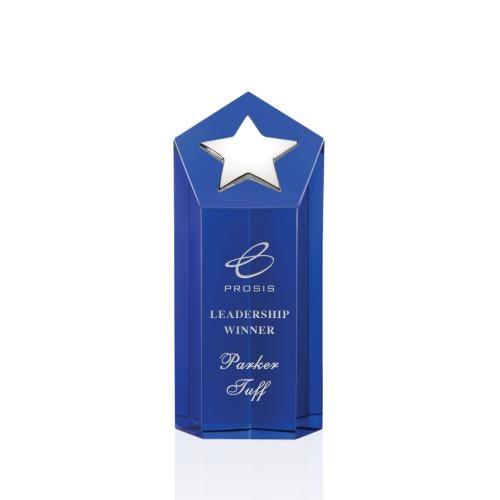 Awards and Plaques - Crystal Trophies - Shields Silver Star Blue Polygon Crystal Trophy