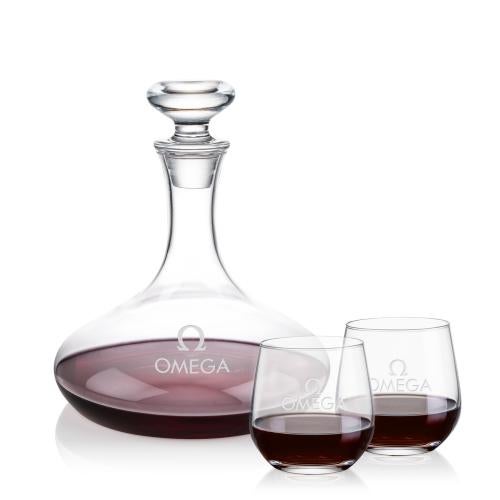 Custom Barware Glasses - Carafes - Elliston Decanter & Garland Stemless Wine Set