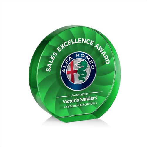 Awards and Plaques - Crystal Trophies - Chavez Full Color Green Circle Crystal Trophy