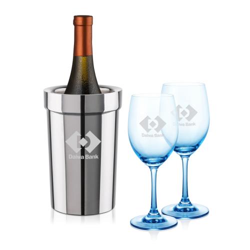 Custom Barware Glasses - Wine Glasses - Milano Wine Cooler & Soudan Blue Wine