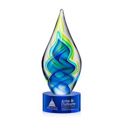 Awards and Plaques - Glass Trophies - Sunnidale Tear Drop on Round Blue Glass Trophy
