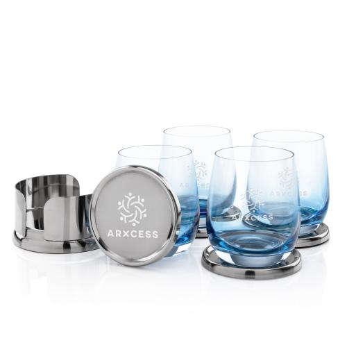 Custom Barware Glasses - Whisky Glasses - Baldoni Coasters & Soudan OTR Set - Blue