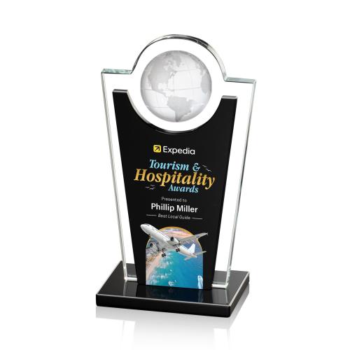 Awards and Plaques - Crystal Trophies - Duarte Full Color Black Globe Crystal Trophy