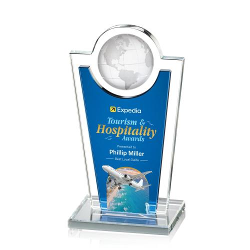 Awards and Plaques - Crystal Trophies - Duarte Full Color Blue Globe Crystal Trophy