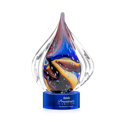 Awards and Plaques - Glass Trophies - Valentina on Round Base Blue Tear Drop Glass Trophy