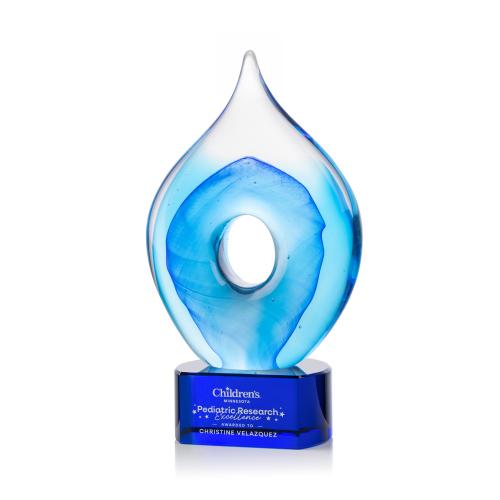 Awards and Plaques - Glass Trophies - Caspian Tear Drop on Half Round Blue Glass Trophy