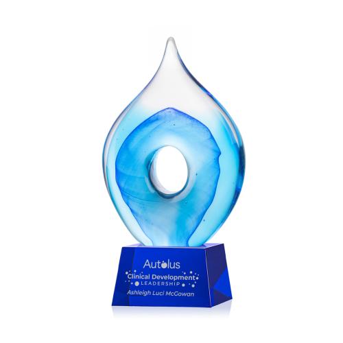 Awards and Plaques - Glass Trophies - Caspian Tear Drop on Small Crystal Blue Glass Trophy