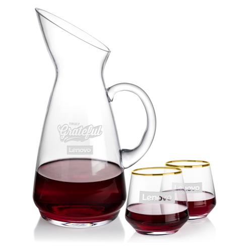 Custom Barware Glasses - Carafes - Taroni Carafe & Ledford Gold Stemless Wine