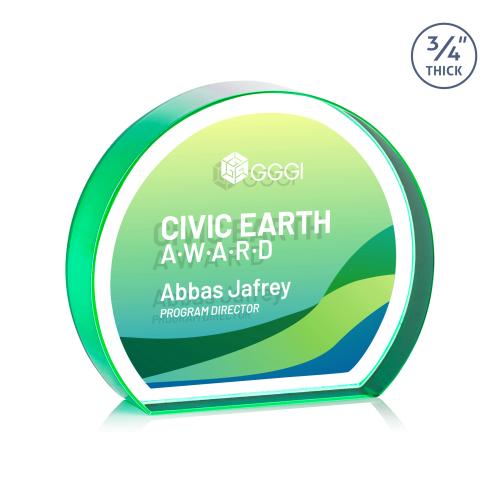 Awards and Plaques - Crystal Trophies - Maren Hemisphere Full Color Dillon Sided Emerald Circle Crystal Trophy