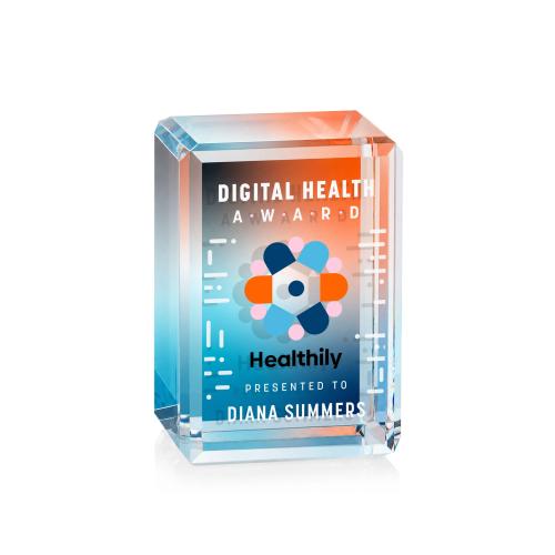 Awards and Plaques - Crystal Trophies - Rahman Cube Full Color Dillon Sided Vertical Rectangle Crystal Trophy