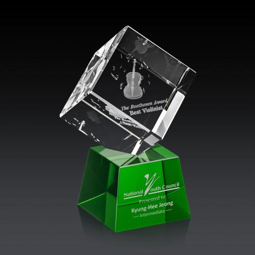 Awards and Plaques - Crystal Trophies - Klein 3D on Small Base Green Square / Cube Crystal Trophy